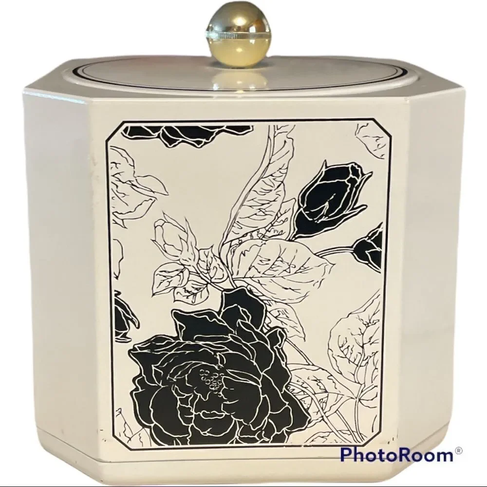 Vintage Mid Century Laquer Ware Ice Bucket and Coasters. Black and white floral.